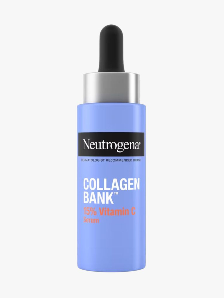 Neutrogena Collagen Bank 15% Vitamin C Glow + Tone Booster Serum in branded dropper component on a light gray background